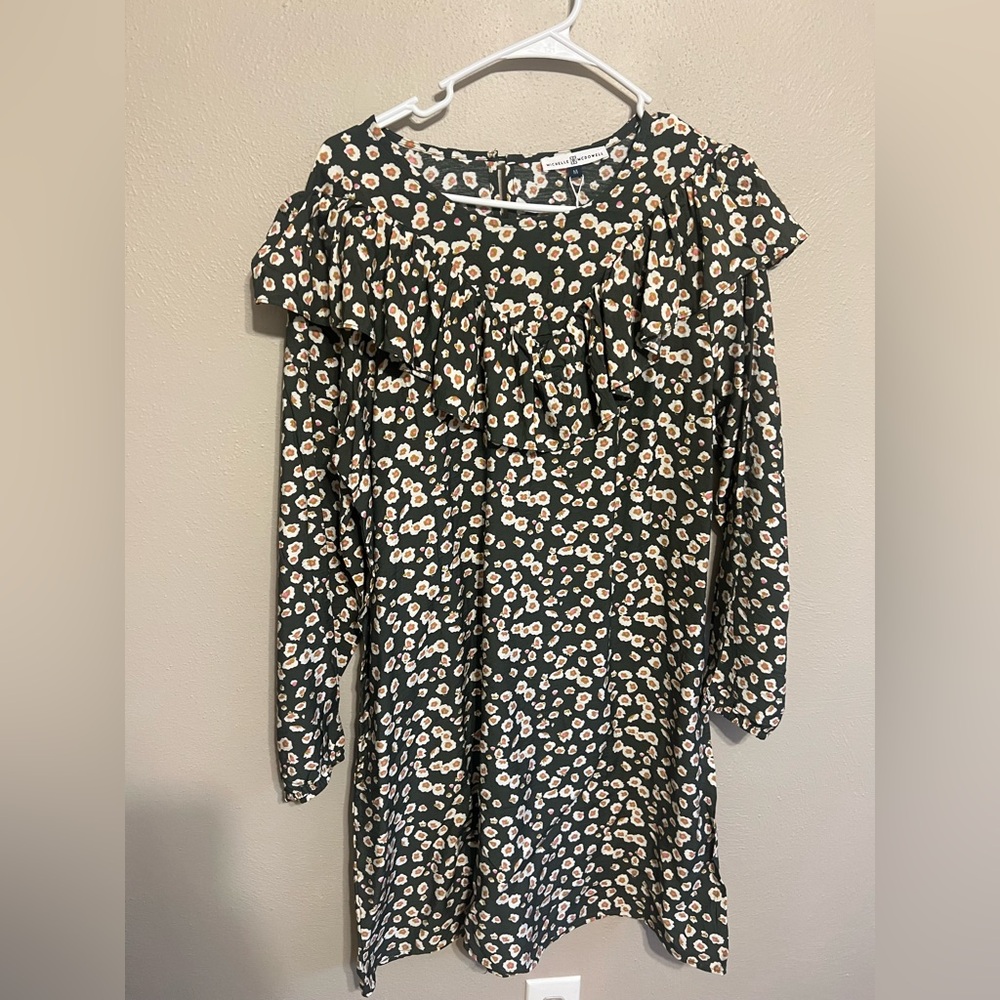 Elegant Floral Ruffle Dress - Black and Cream